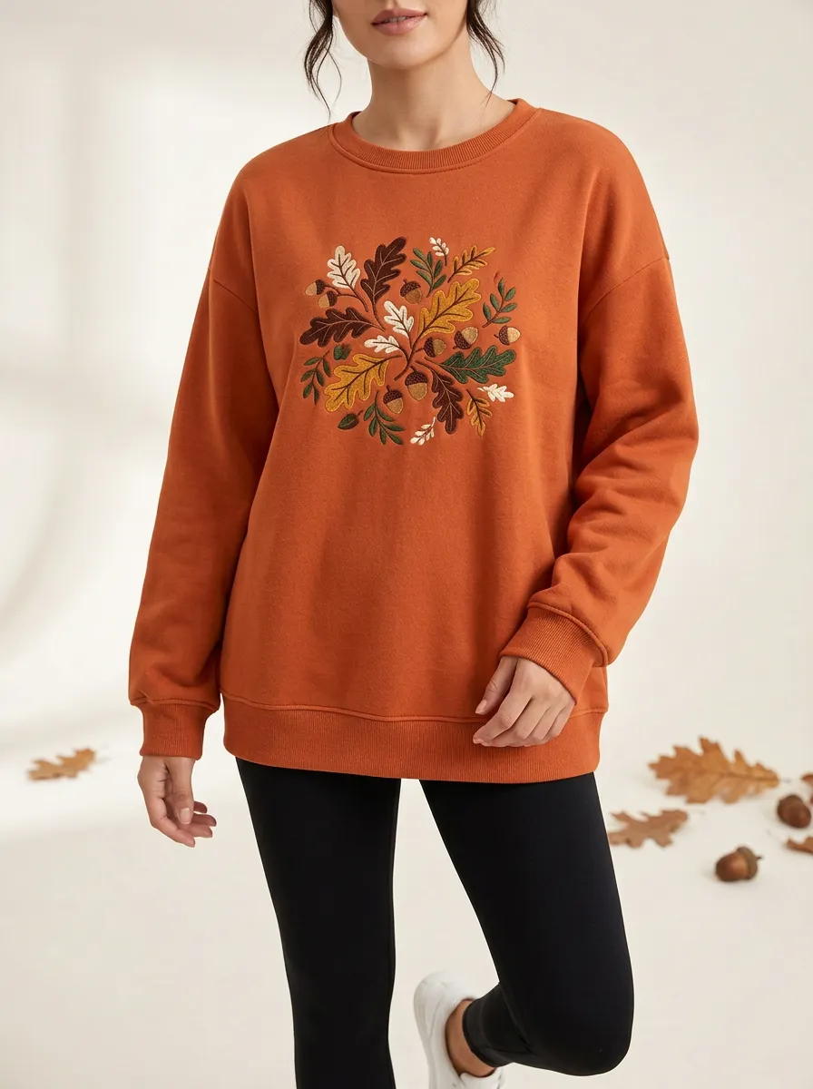 Layered Printed Acorn Leaf-Motif Graphic Sweatshirt