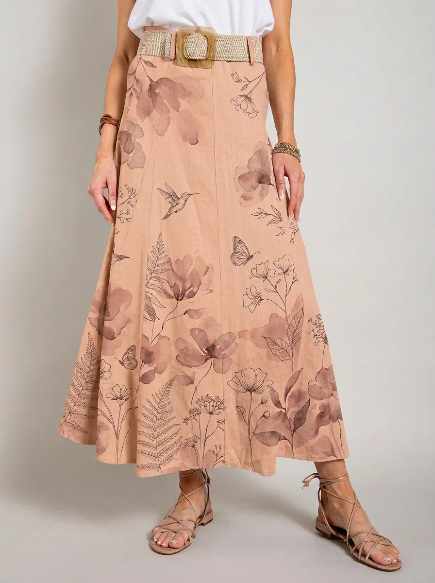 Women's Nature Lover Hummingbird Floral Butterfly Printed Maxi Skirt