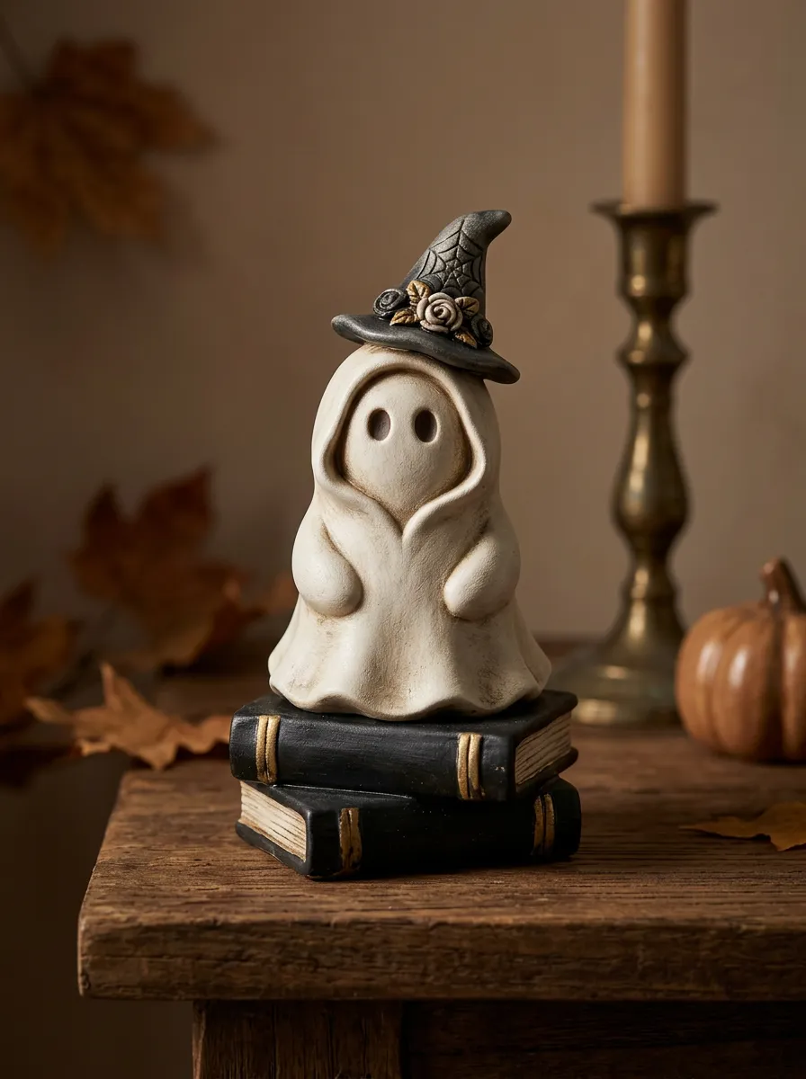 Halloween Ghost in Witch Hat on Books Tabletop Ornament