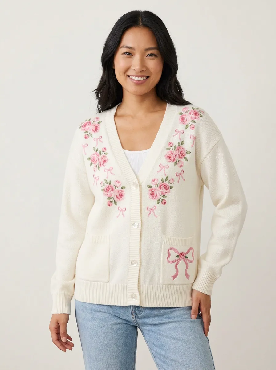 Women's Breast Cancer Awareness Pink Rose Bow Printed Cardigan