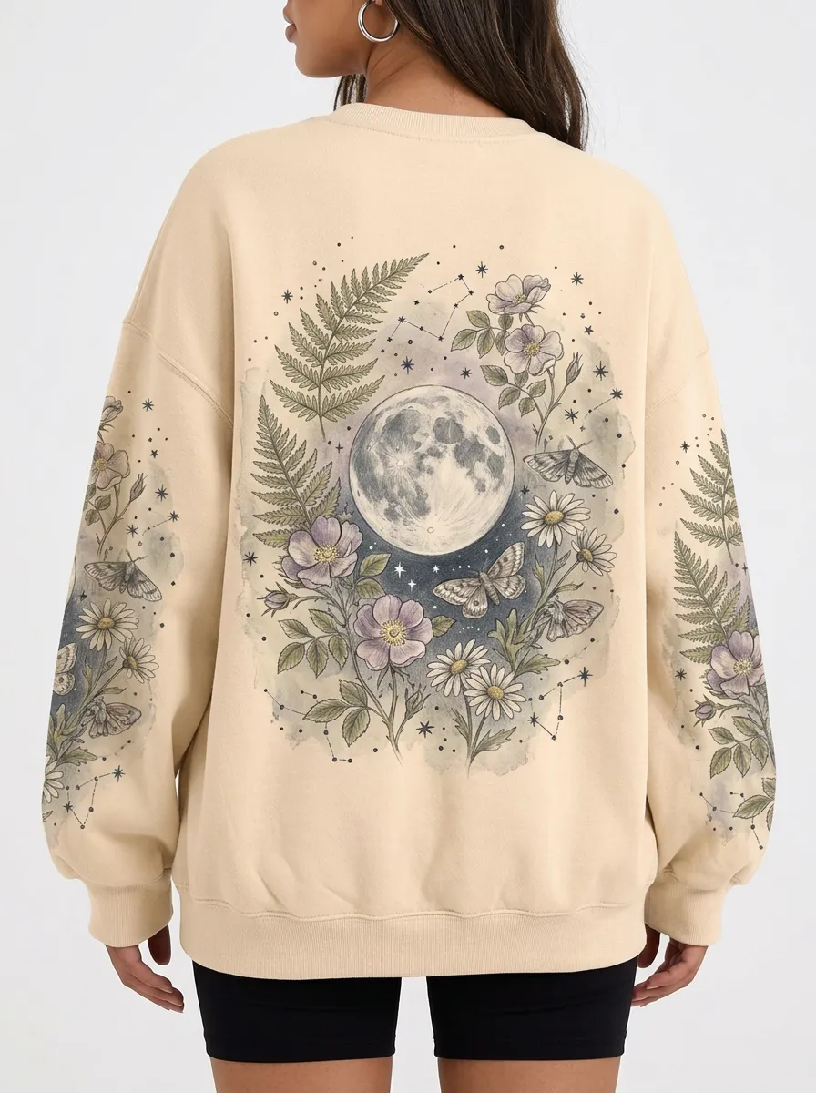 Women's Celestial Moon Moth Floral Printed Sweatshirt