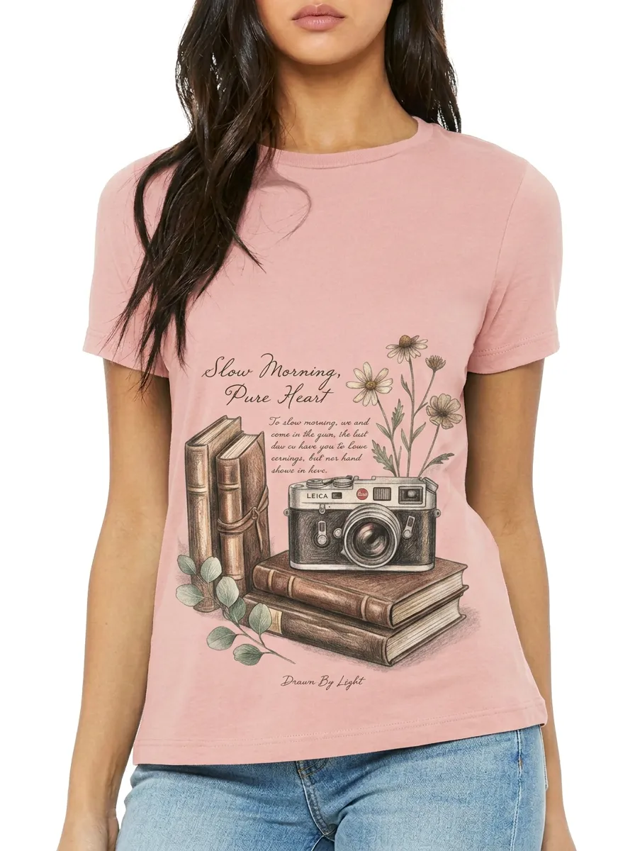 Women's Photography Book Lover Vintage Camera Floral Printed T-shirt
