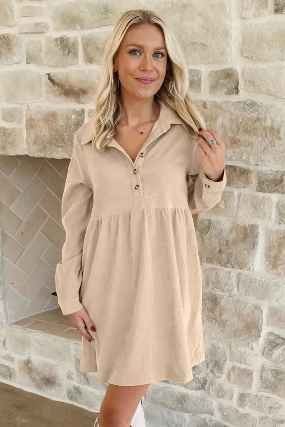 Lightweight Feel Corduroy Half Button Long Sleeve Mini Dress