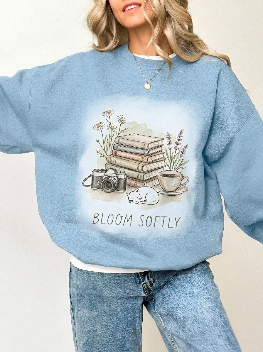 Women's Book Lover Cat Camera Floral Printed Sweatshirt