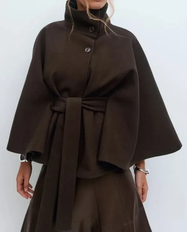 Spring Belted High-Neck Cape Coat