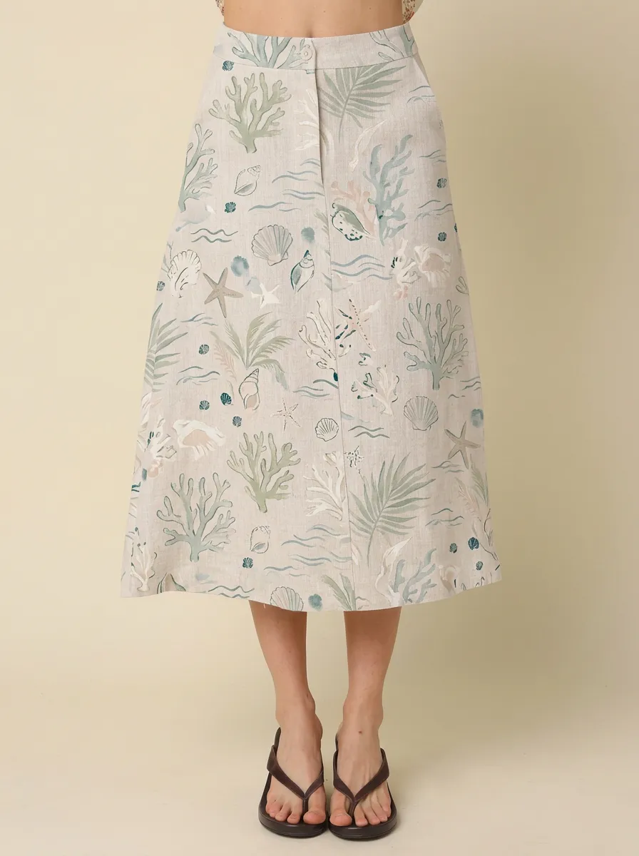 Women's Beach Lover Coral Seashell Printed Midi Skirt