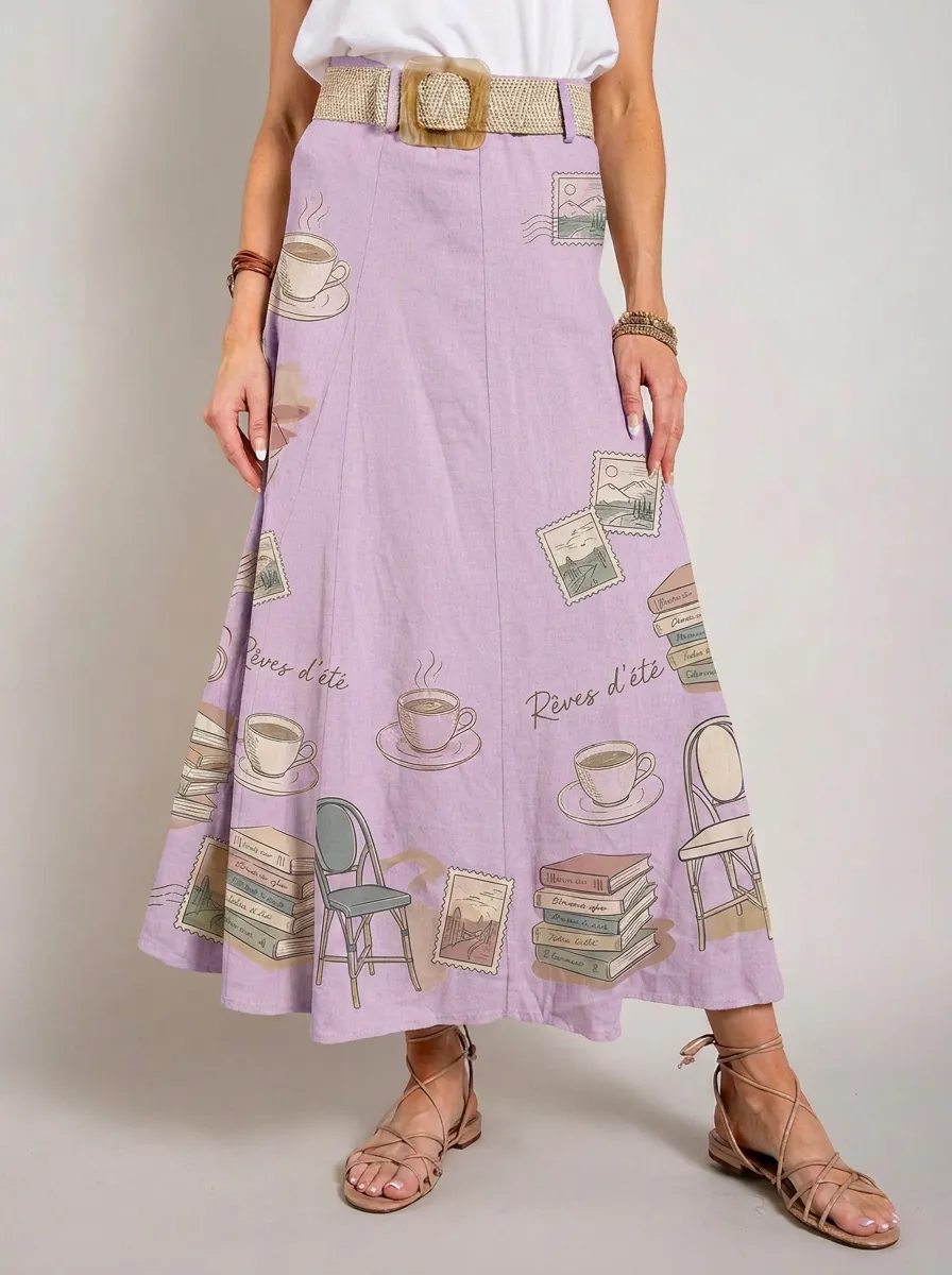 Women's Coffee Book Lover Stamp Printed Midi Skirt