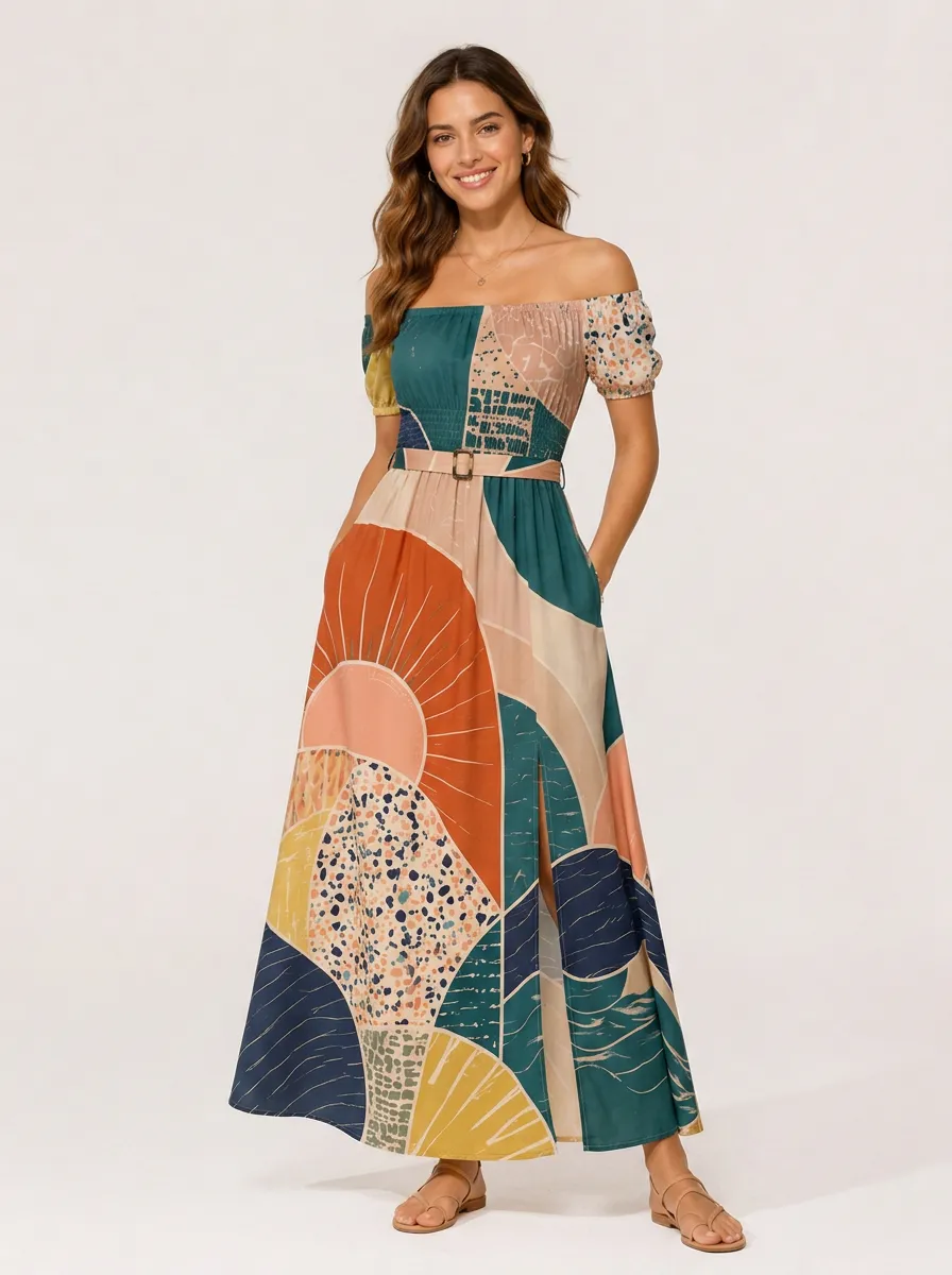 Women's Boho Geometric Sun Printed Off-Shoulder Maxi Dress