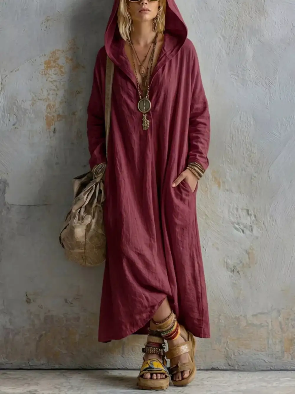 Long Sleeve Hooded Midi Dress With Pockets