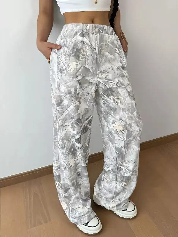 Abstract Print Wide Leg Pocketed Casual Pants