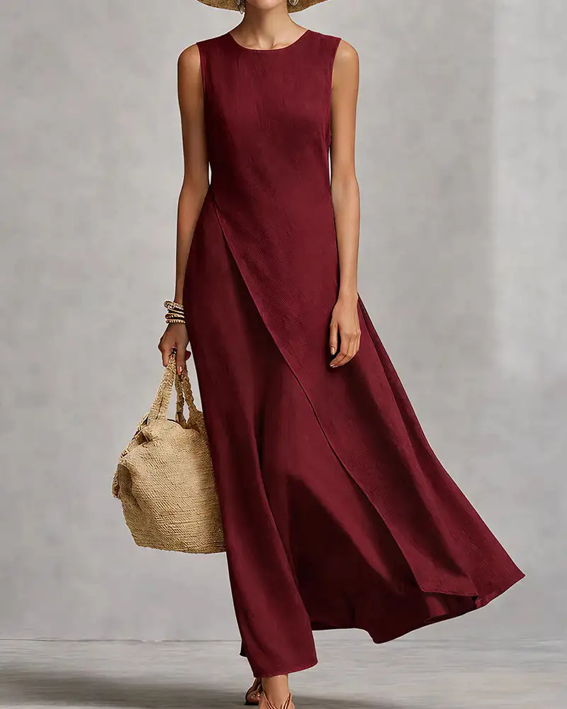 Asymmetric Hem Linen Blend Sleeveless Maxi Dress