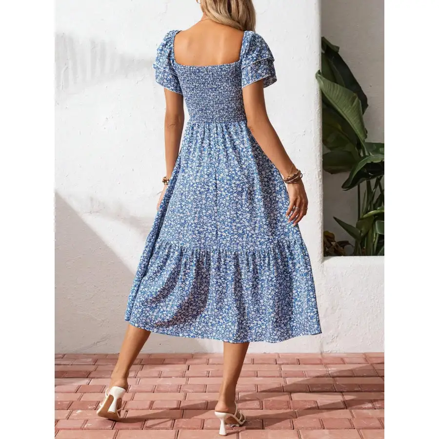 Smocked Square Neck Midi Dress