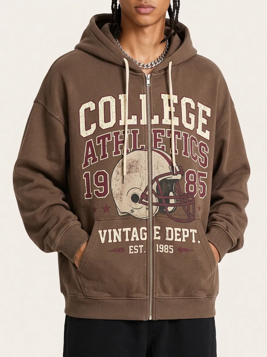 Men's College Athletics Football Helmet Printed Zip-up Hoodie
