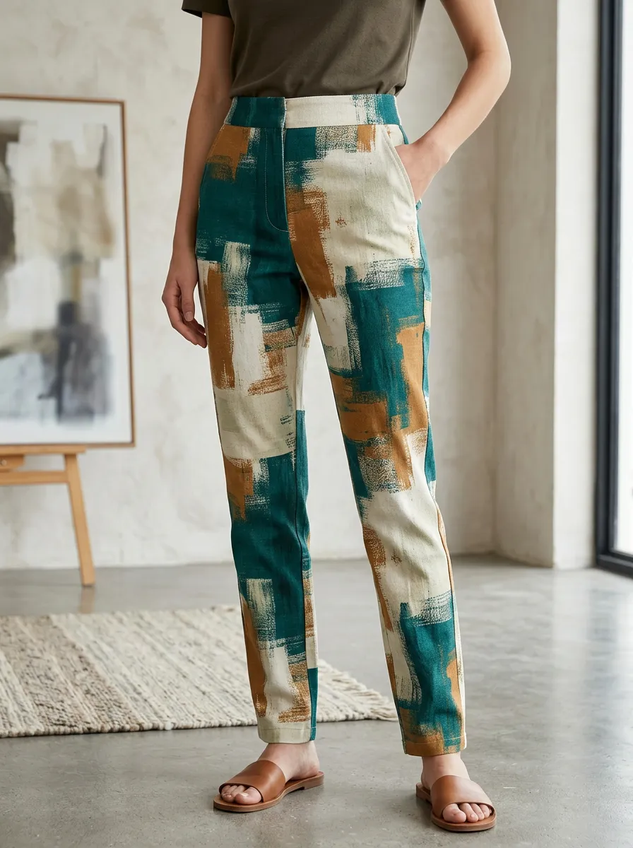 Women's Modern Abstract Brushstroke Pattern Printed Trousers