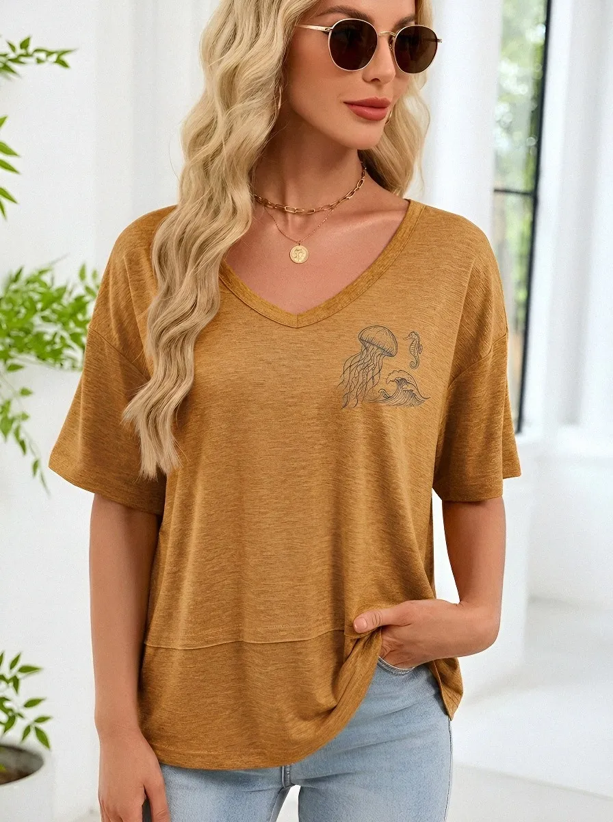 Women's Ocean Lover Jellyfish Seahorse Wave Printed V-neck Top