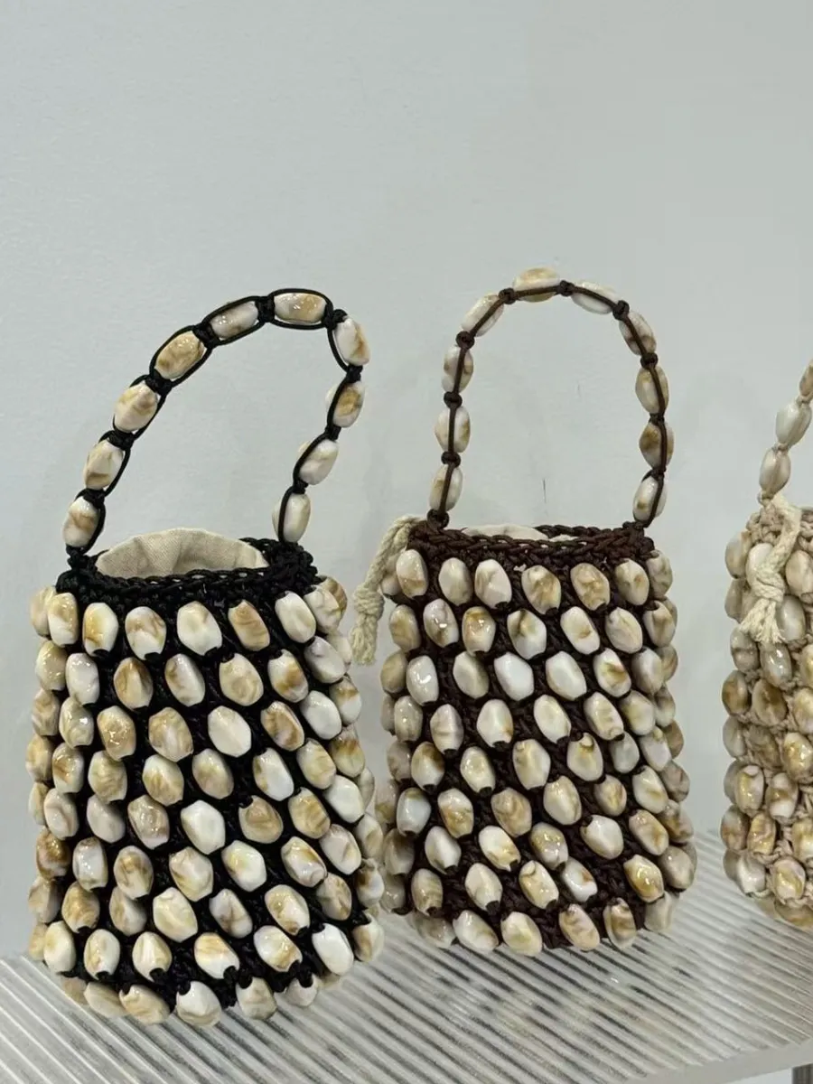 Grace Waxed Cord Beaded Woven Bucket Bag