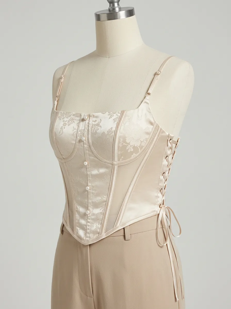Floral Jacquard Lace-Up Button-Front Women's Corset Top