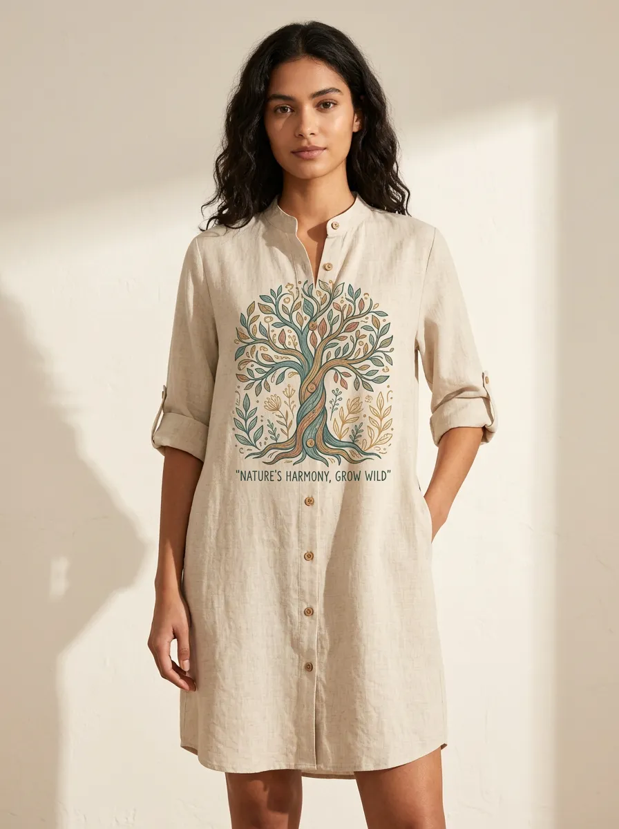 Nature Lover Tree Harmony Linen Shirt Dress