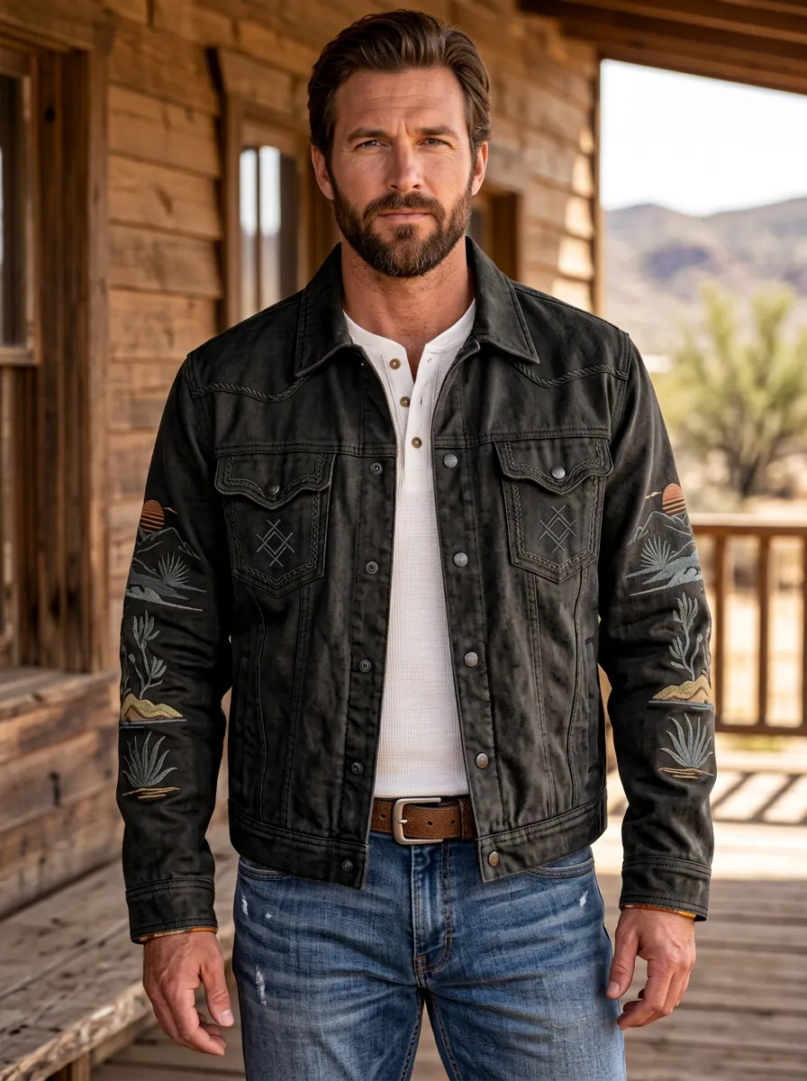 Western Trail Desert Landscape Embroidered Look Men's Western Jacket