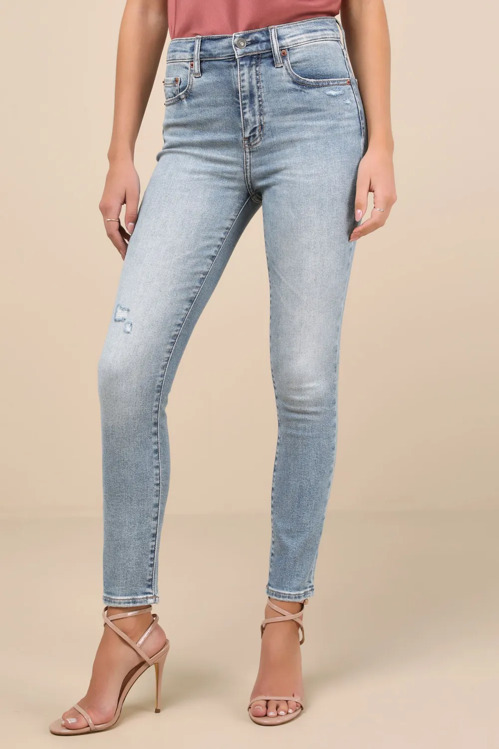 Casual Style  Light Wash Denim High-Rise Distressed Skinny Jeans