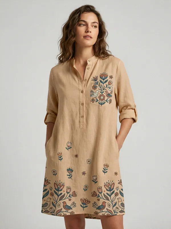 Boho Floral Bird Folk Art Linen Shirt
