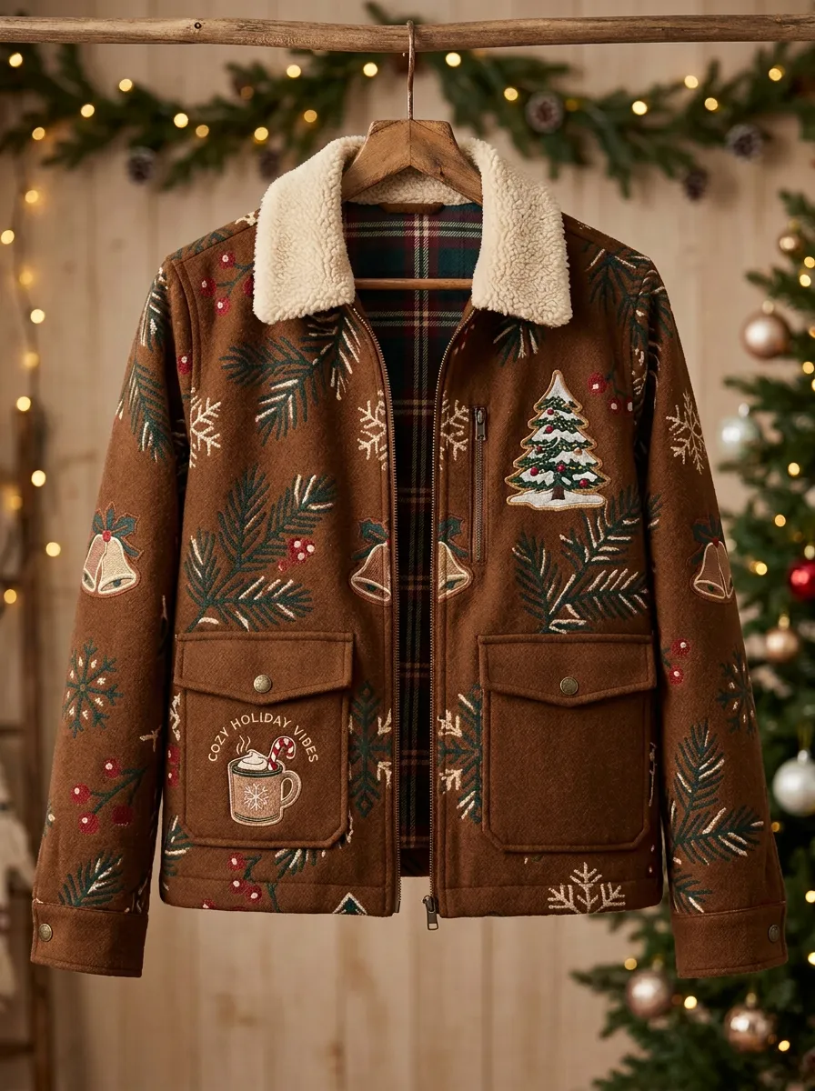Unisex Christmas Holiday Tree Bell Print Sherpa Collar Jacket