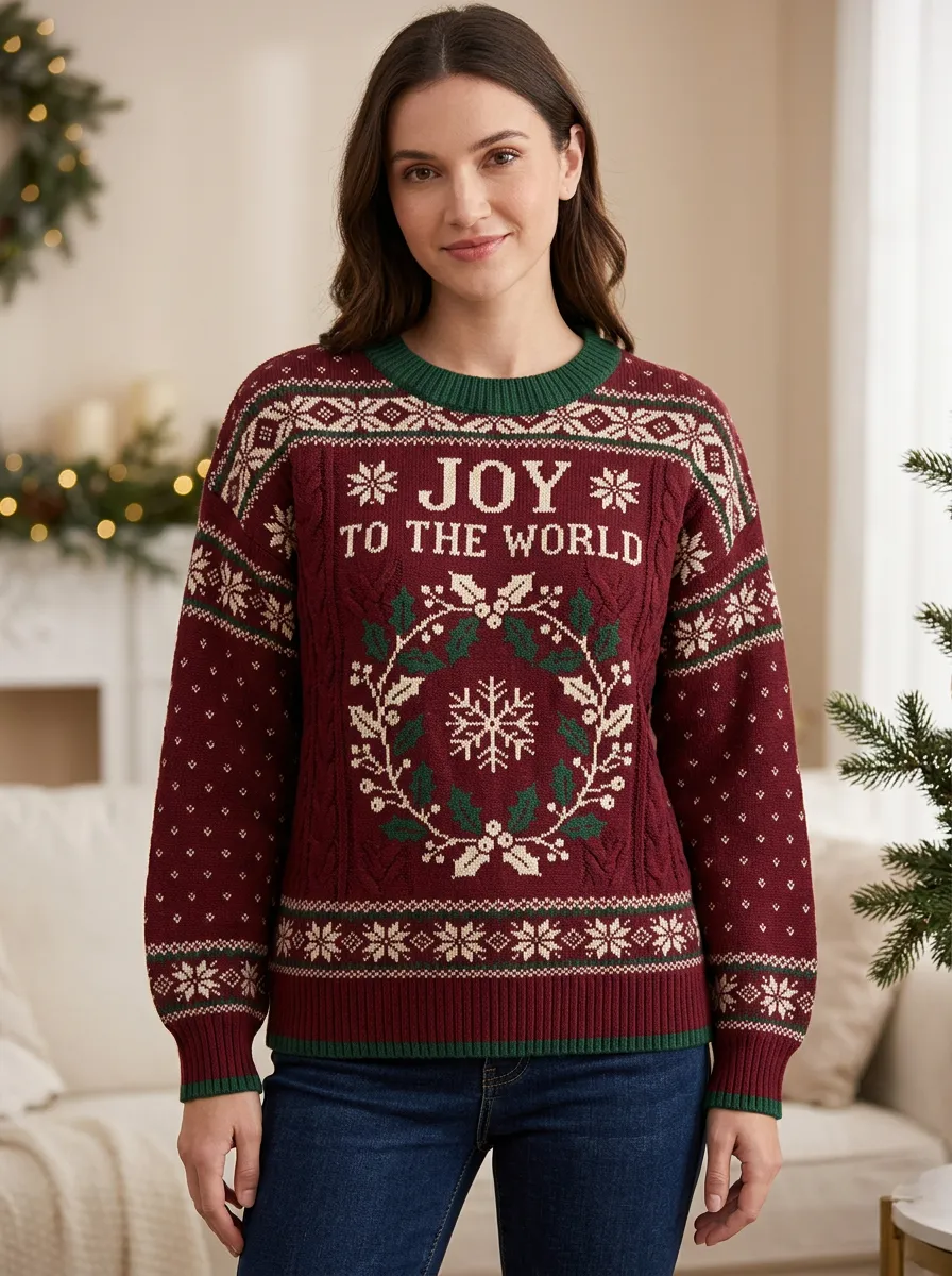 Christmas Joy To The World Wreath Pattern Knitted Sweater