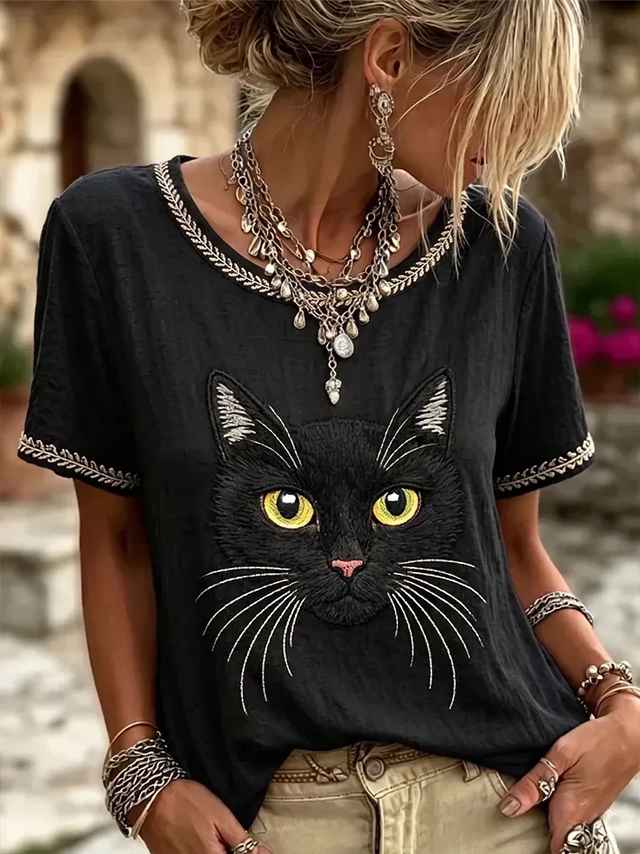 Women's Vintage Black Cat Face Art Linen Round Neck Short Sleeves Top