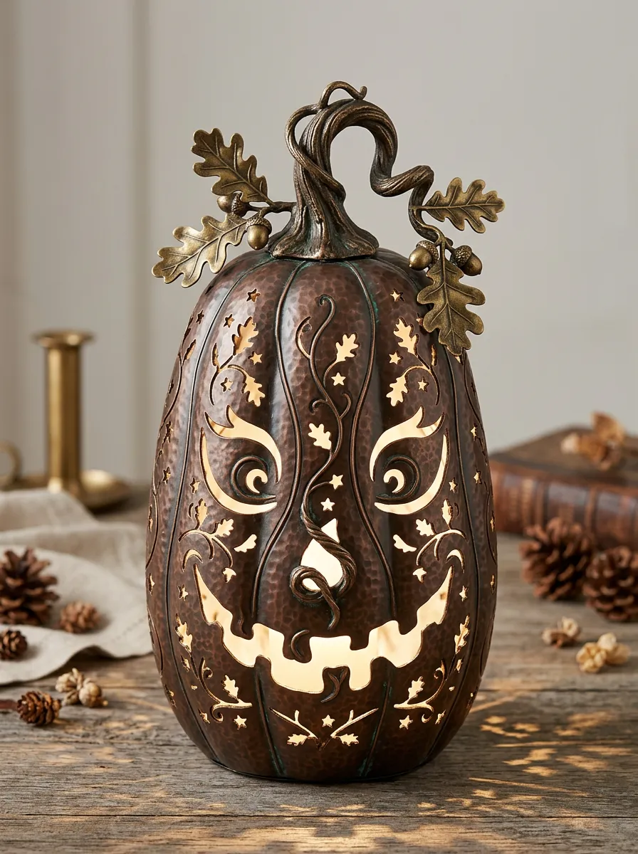 Halloween Jack-O-Lantern Metal Oak Leaf Cutout Table Lamp