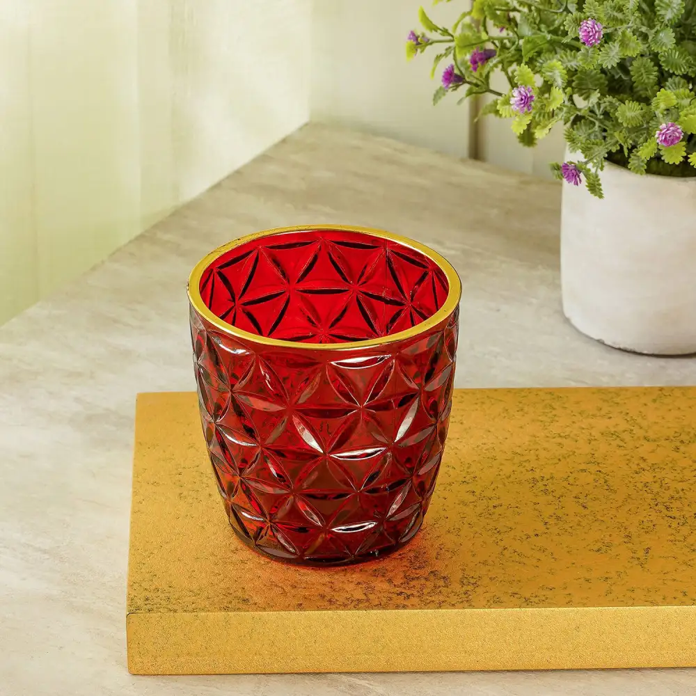 Red Glass Votive Holder With Gold Rim