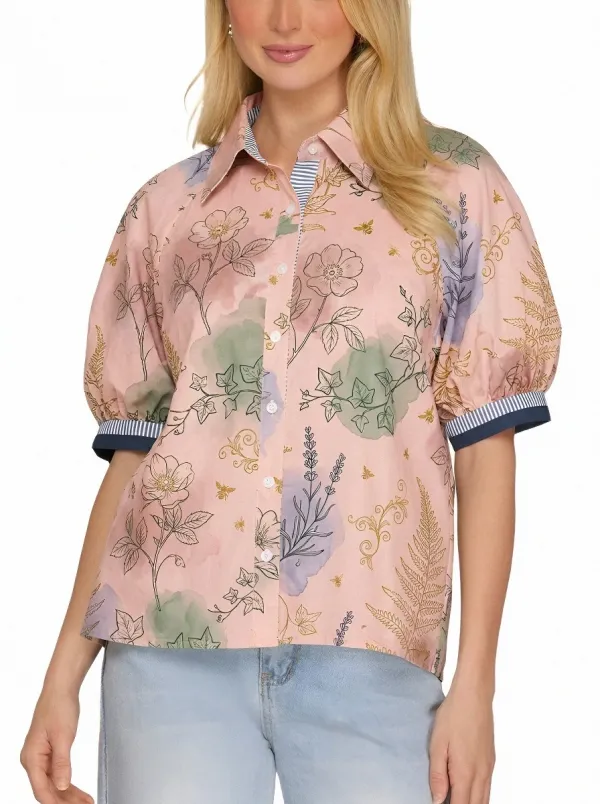 Women's Botanical Garden Floral Bee Printed Puff Sleeve Shirt