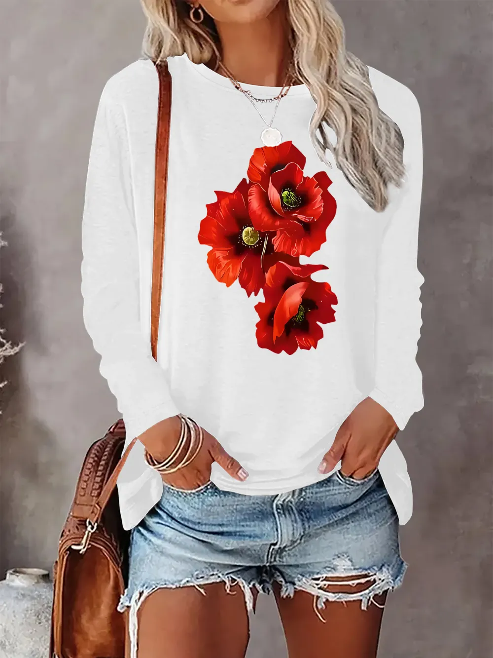 Realistic Poppy Floral Casual T-Shirt