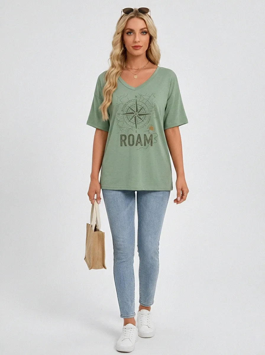 Women's Travel Lover Compass Roam Printed V-neck T-shirt