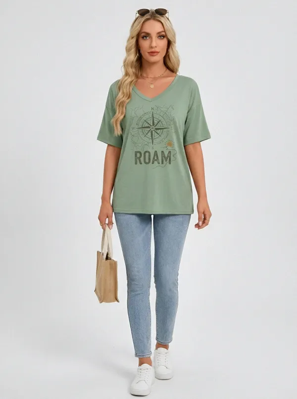 Women's Travel Lover Compass Roam Printed V-neck T-shirt