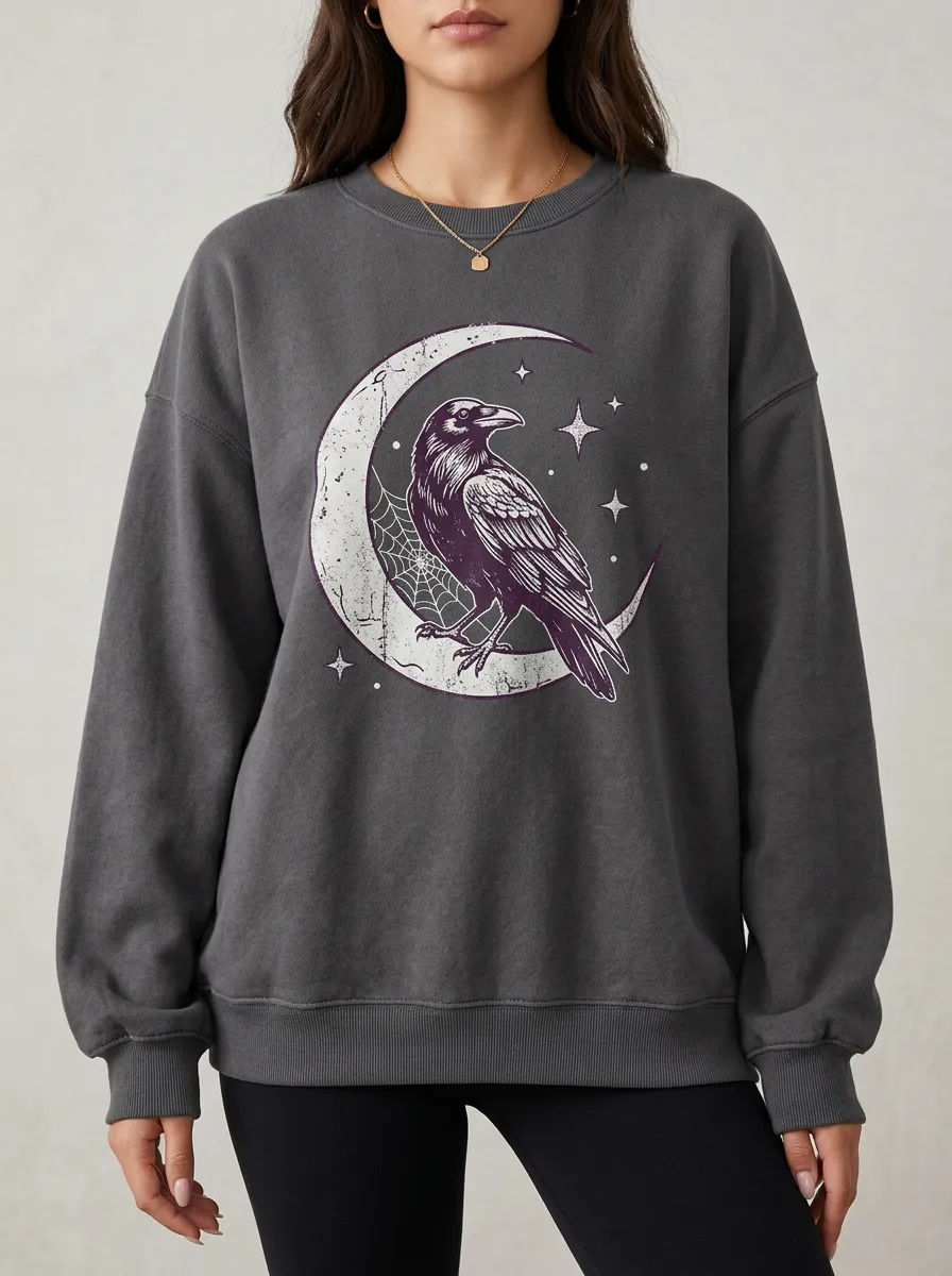 Women's Halloween Gothic Raven Moon Spiderweb Printed Sweatshirt