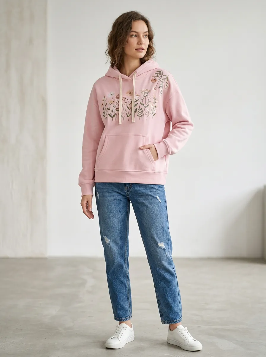 Women's Light Pink Floral Embroidered Hoodie