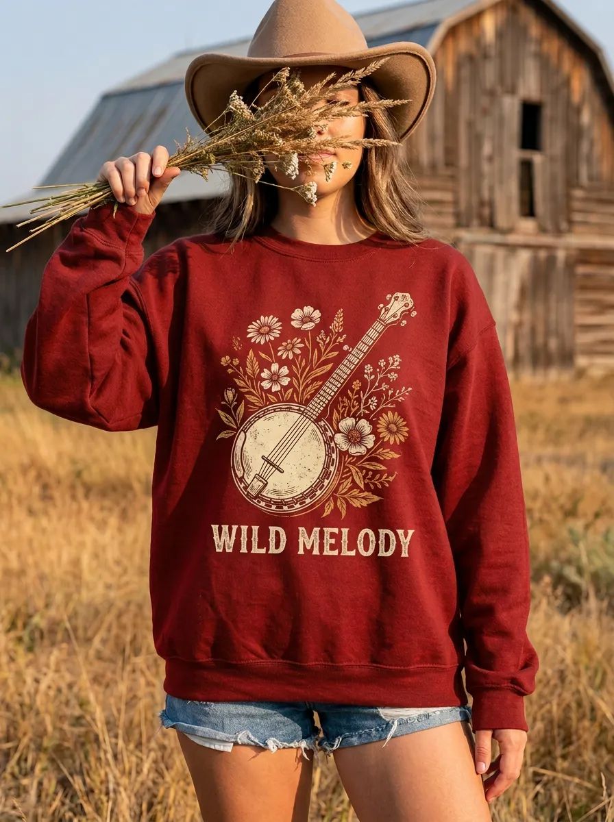 Country Music Wild Melody Banjo Floral Crew Neck Sweatshirt
