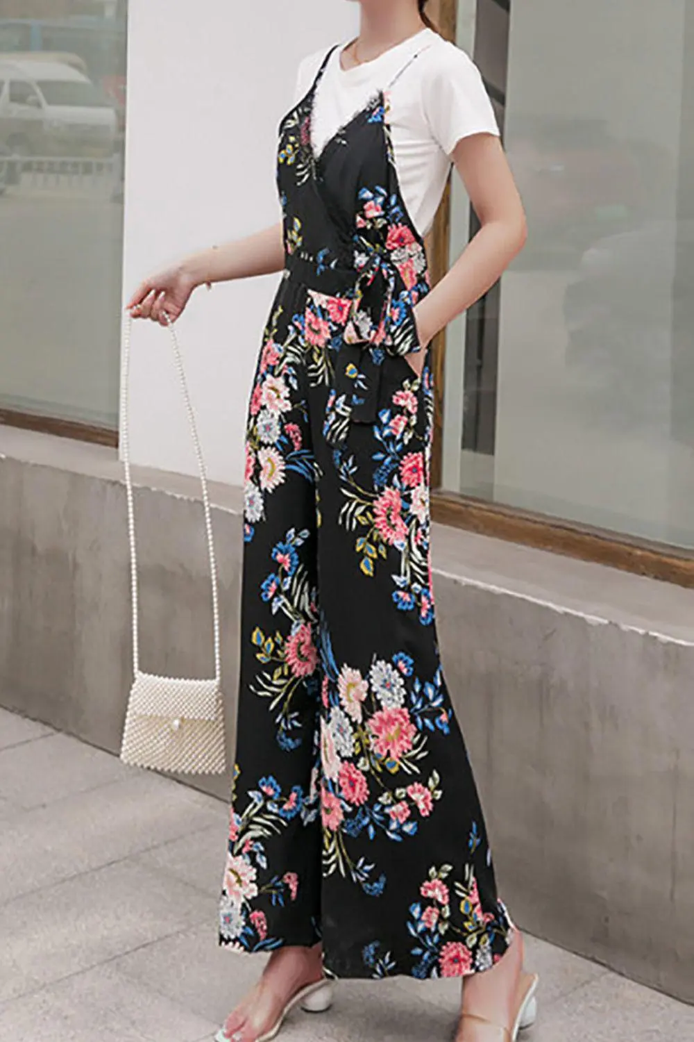 Floral Spaghetti Strap Wide Leg Jumpsuit Accessory