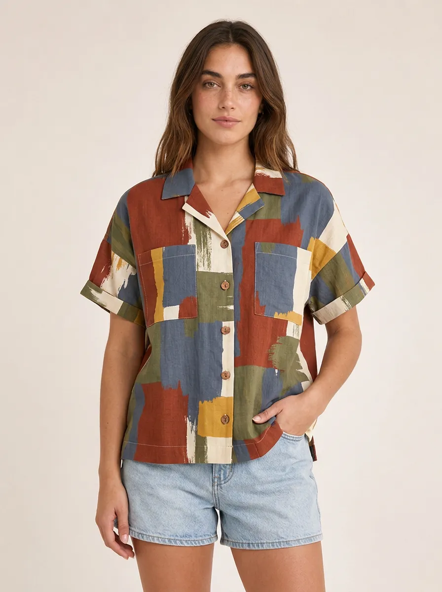 Women's Abstract Art Geometric Brushstroke Printed Button-up Shirt