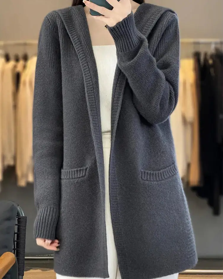 Merino-Wool Wool Hooded Longline Cardigan