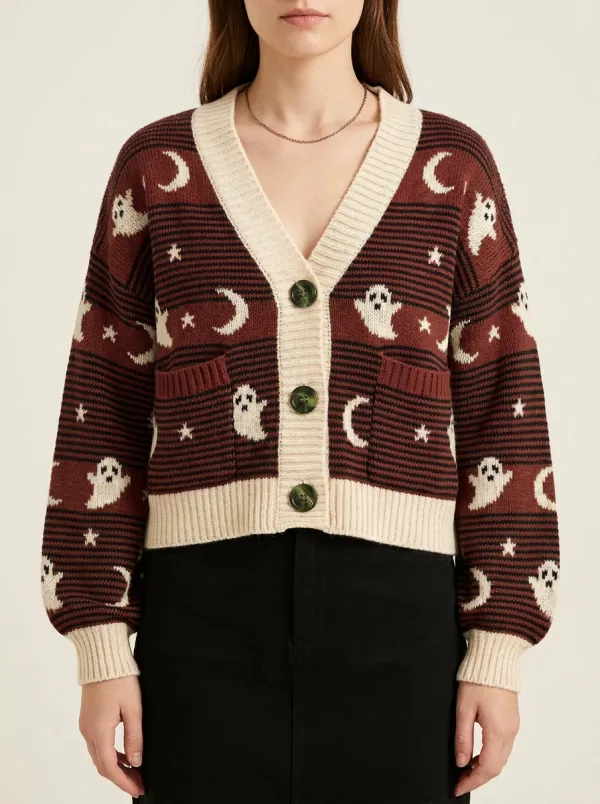 Women's Spooky Ghost Moon Star Halloween Knit Cardigan