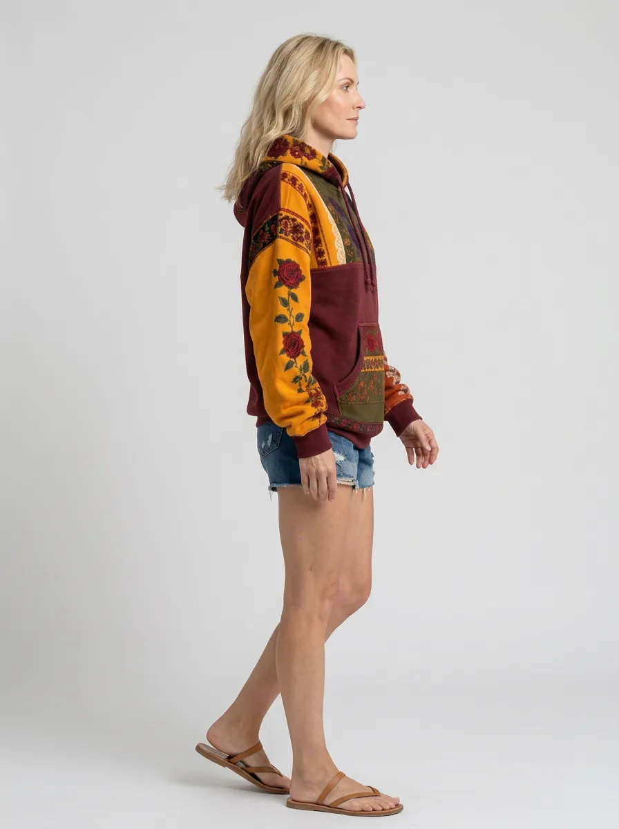 Women's Western Boho Rose Floral Patchwork Printed Hoodie