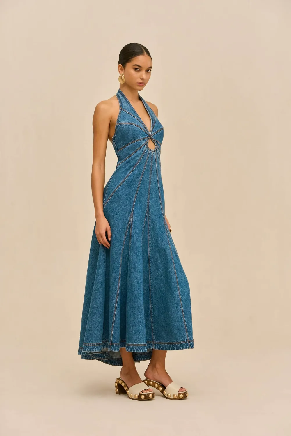 Alina Halter Denim Maxi Dress