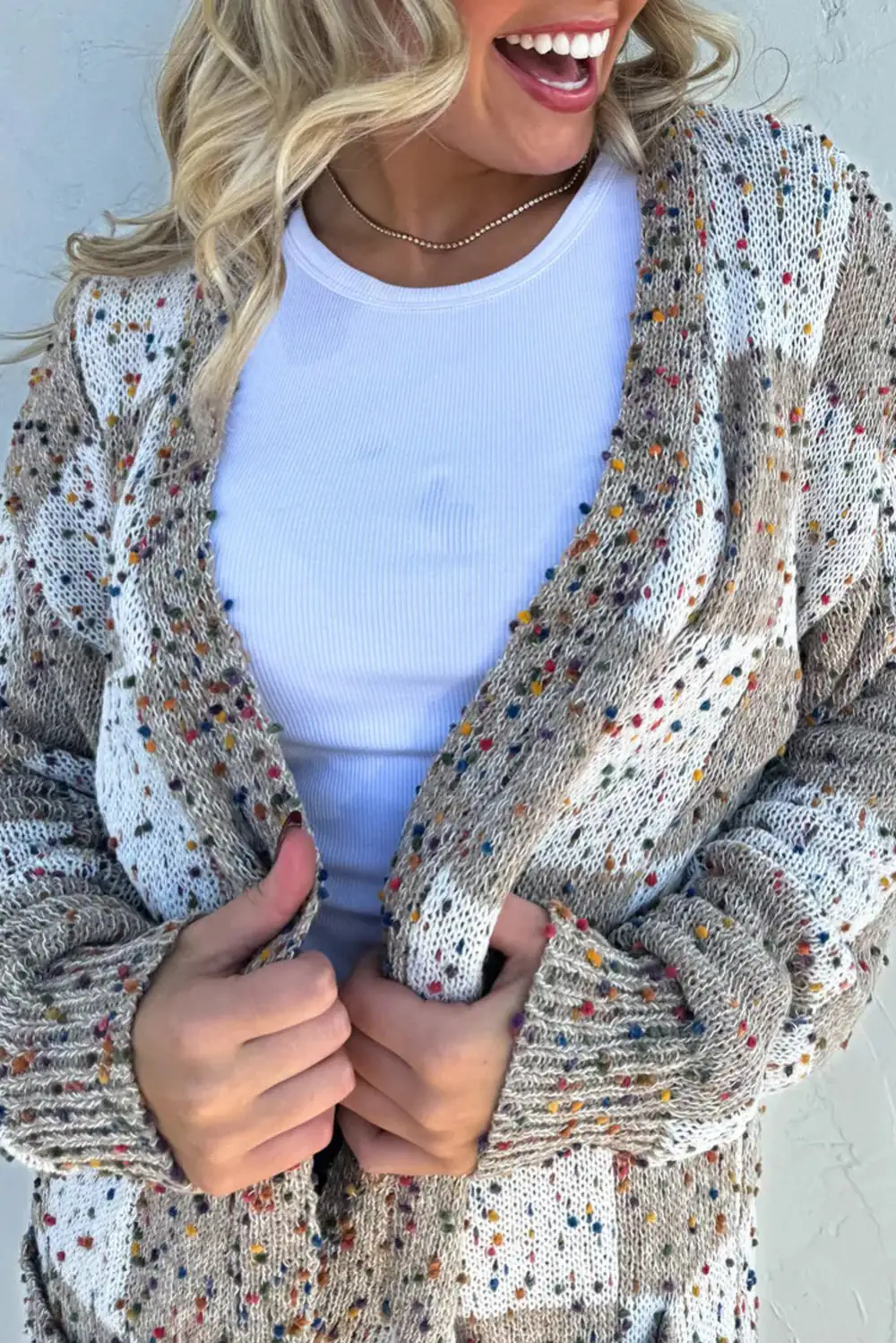 Confetti Dot Checkered Print Open Pocketed Cardigan