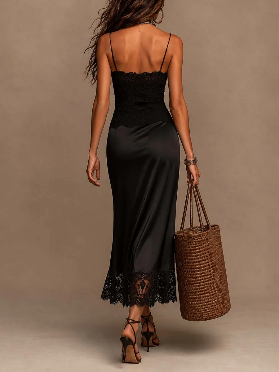 Vintage Lace Cami Spliced Satin Lace Hem Midi Dress
