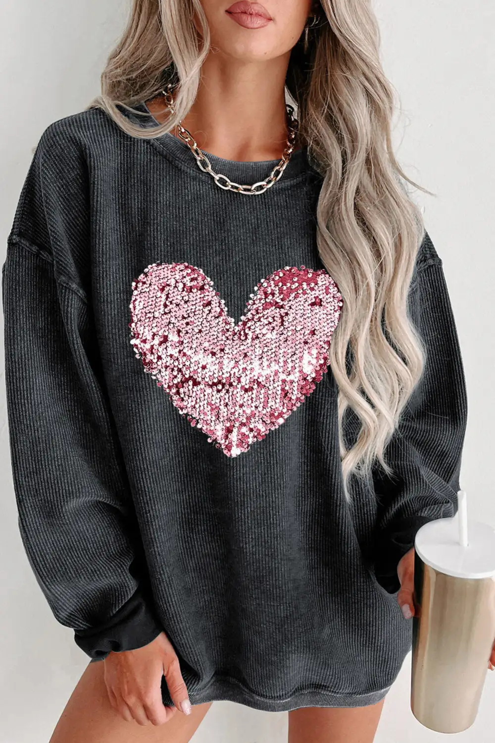 Sequin Heart Shaped Crew Neck Corded Sweatshirt