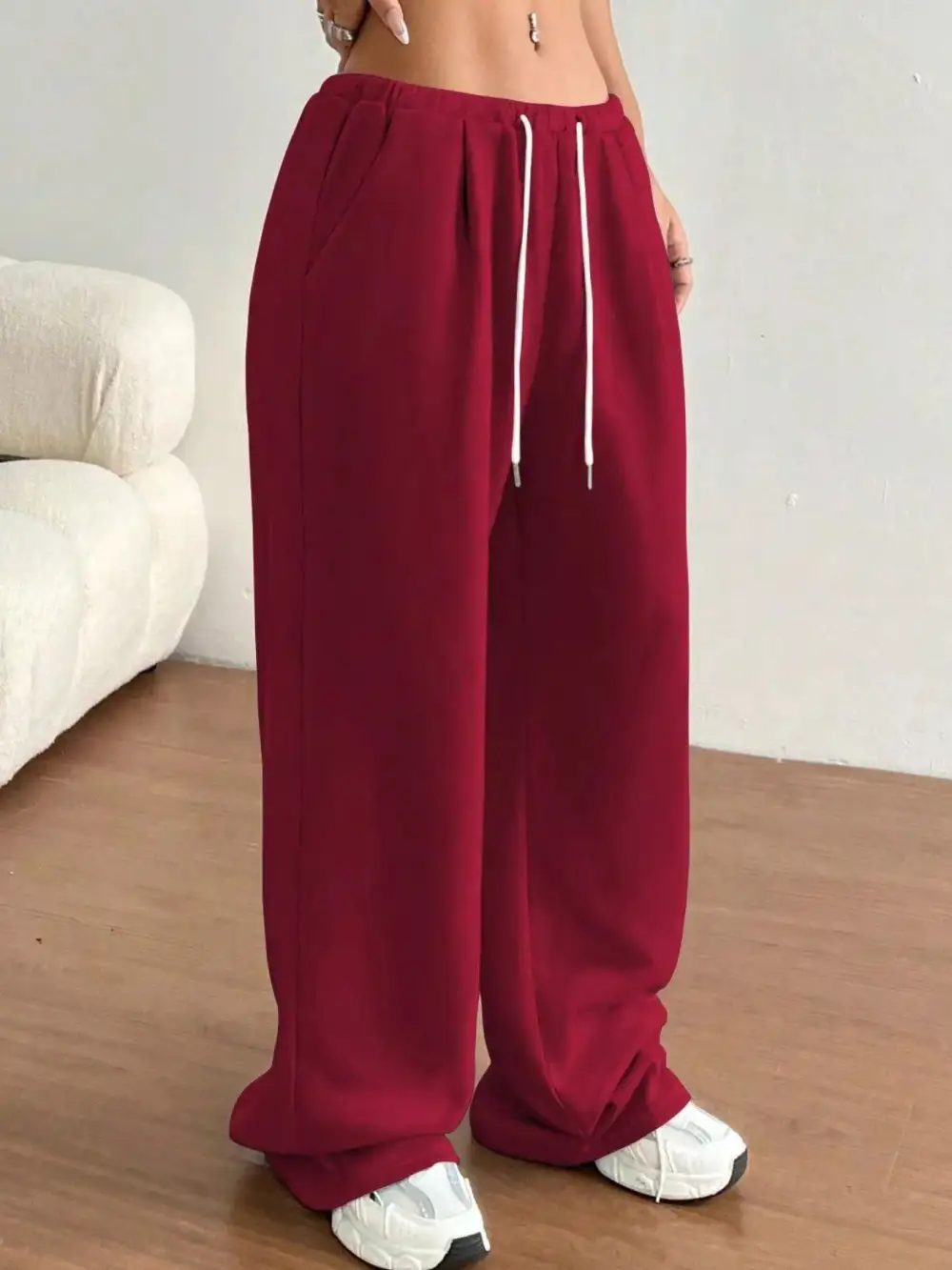 High Waist Drawstring Wide Leg Pocketed Casual Joggers