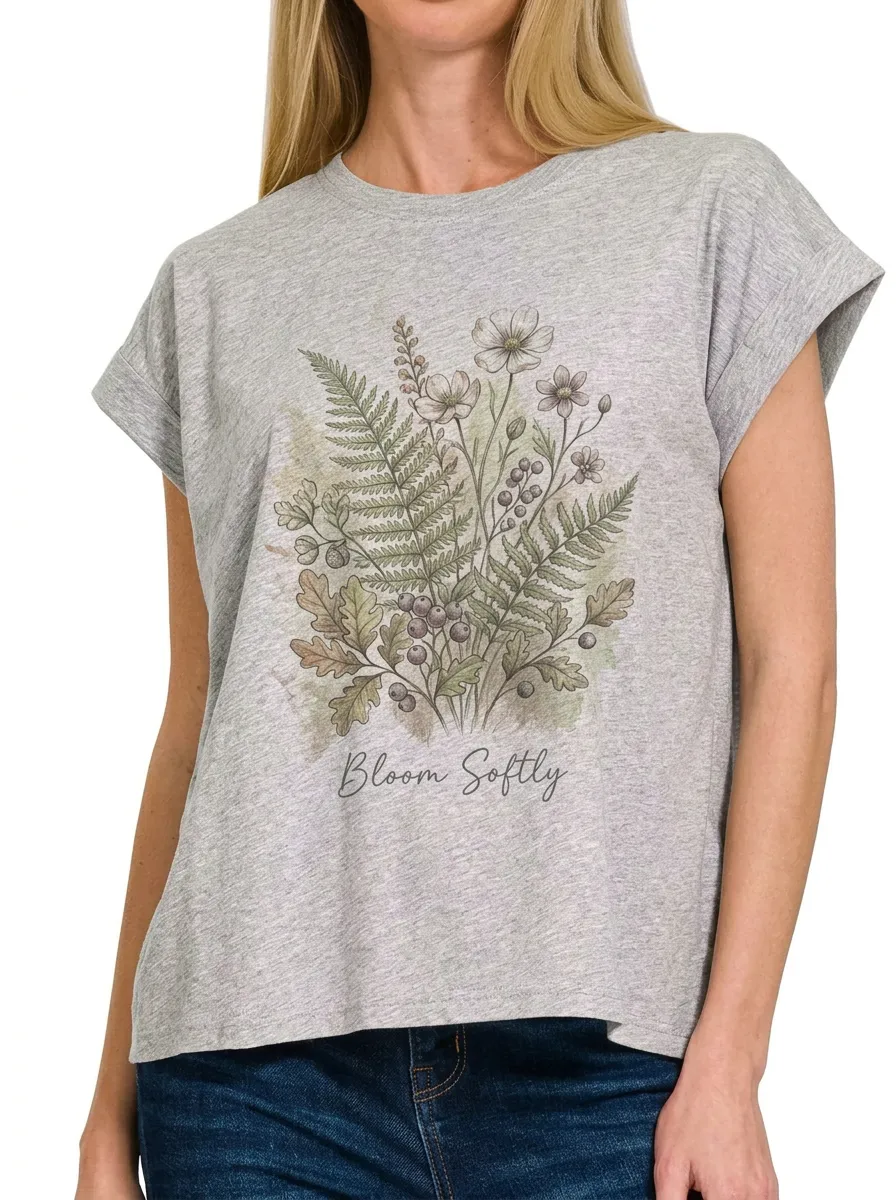 Women's Botanical Nature Lover Bloom Softly Printed T-shirt