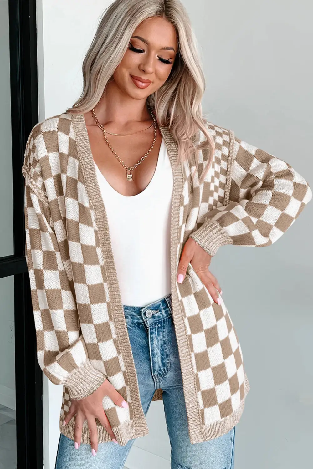 Checkered Open Front Drop Shoulder Everyday Layer Cardigan