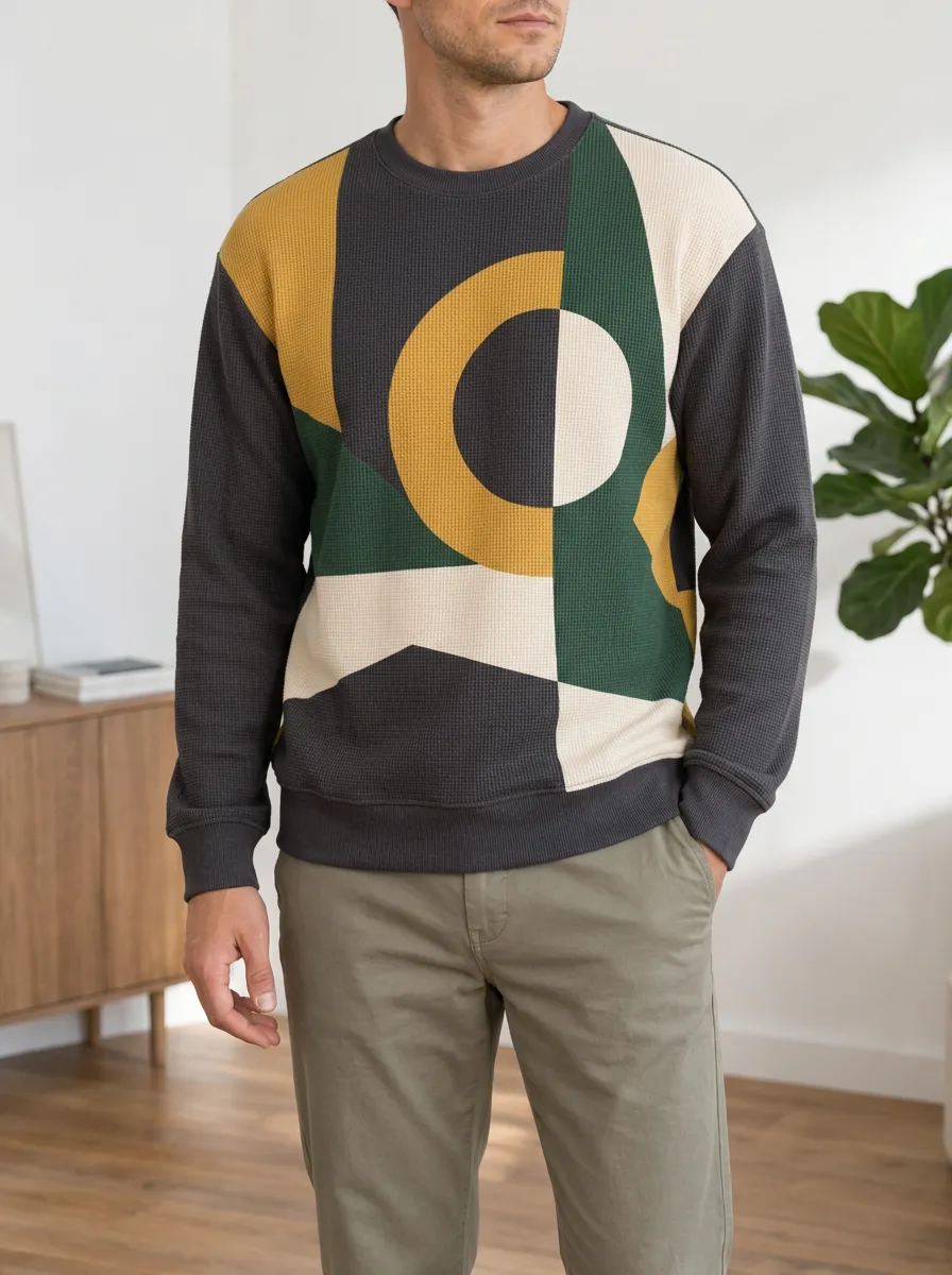 Men's Artistic Geometric Colorblock Waffle Zip Hoodie